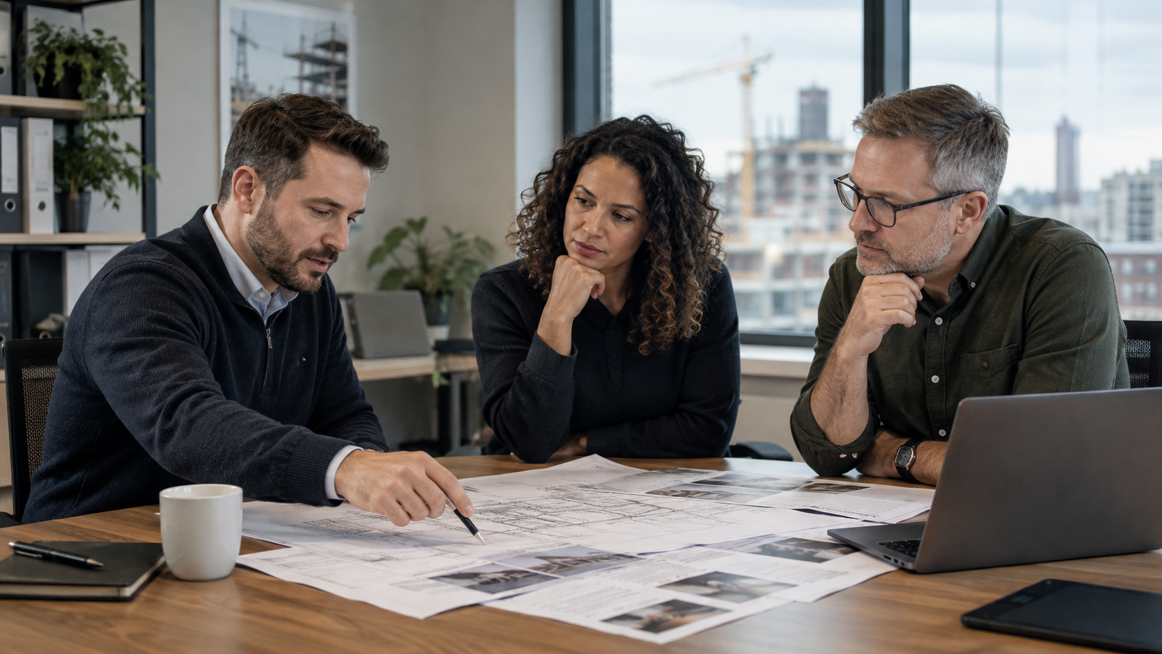 Construction professionals discussing plans around a table